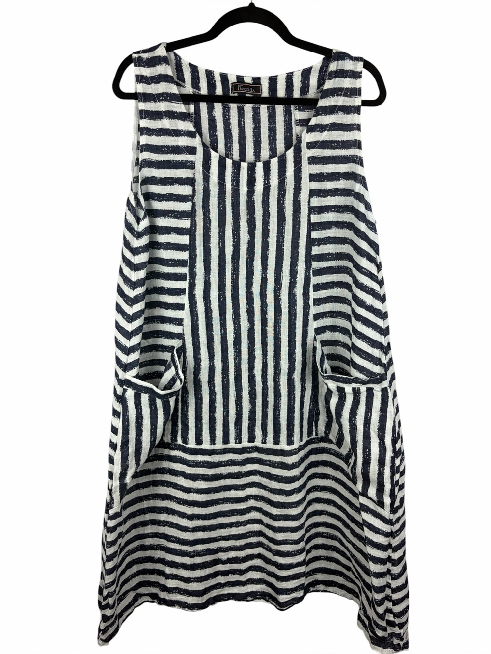 Froccella 100% Linen Striped Lagenlook Tunic Dress Navy White Made in Italy M/L